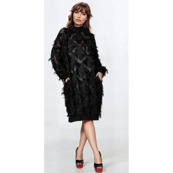 Kate Hewko Dresses & Skirts - Kate Hewko Mock Neck Black Star Faux Feather Dress One Size NWT Avant Garde